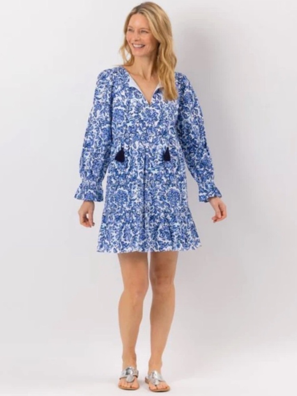Sail to Sable Blue & White Floral Tassel V-Neck Dress